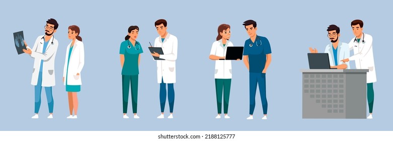 Doctors team set vector illustration. Cartoon isolated work scenes with professional hospital staff meeting, speaking about patients diagnosis and medical situation, physician counseling nurse