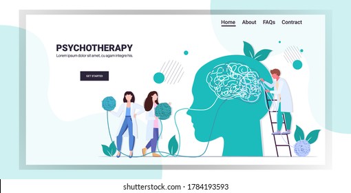 doctors team solving psychological problems in tangled head psychotherapy counseling concept horizontal full length copy space vector illustration