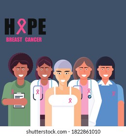El equipo de médicos apoya a los pacientes con cáncer de mama, 
    para animar el diseño del vector plano de fondo azul,vector de ilustración 