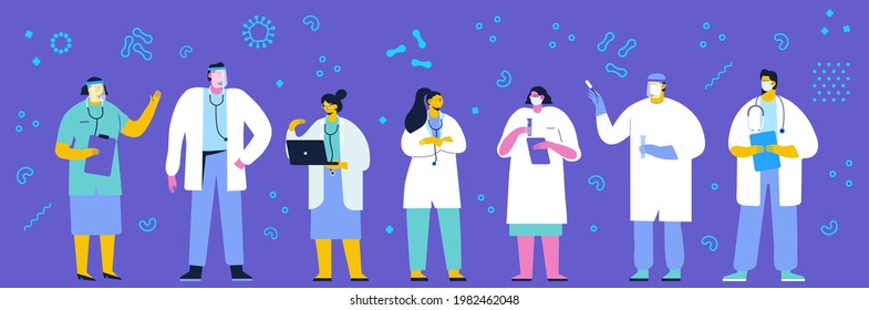 Doctors team wearing Face Mask standing together. Global pandemic Coronavirus. Health care. Fight Against Covid-19, Coronavirus Disease, Health Care.  Flat vector isolated characters set 