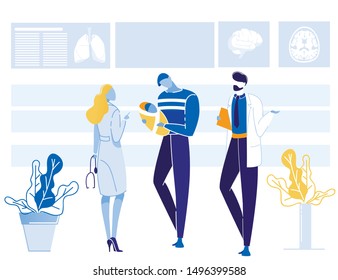 Doctors Tell News to Father with Newborn Baby in Hands. Bad or Good Information about Infant Mother Health State. Medical Conclusion. Maternity Hospital. Diagnostics Cabinet. Vector Flat Illustration