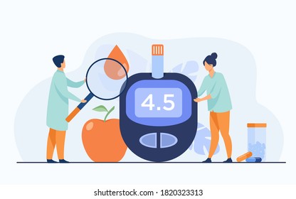 Doctors testing blood for sugar and glucose, using magnifying glass and glucometer for hypoglycemia or diabetes diagnosis. Vector illustration for awareness day, medicine, health care concept