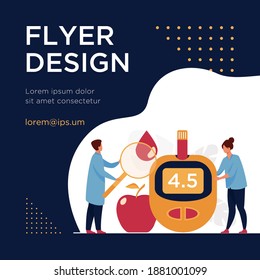 Doctors Testing Blood For Sugar And Glucose, Using Magnifying Glass And Glucometer For Hypoglycemia Or Diabetes Diagnosis. Vector Illustration For Awareness Day, Medicine, Health Care Concept