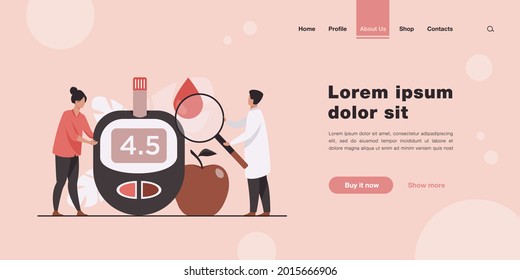 Doctors testing blood for sugar and glucose, using magnifying glass and glucometer for hypoglycemia or diabetes diagnosis. Vector illustration for awareness day, medicine, health care concept