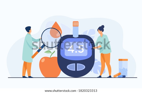 Doctors testing blood for sugar and glucose,\
using magnifying glass and glucometer for hypoglycemia or diabetes\
diagnosis. Vector illustration for awareness day, medicine, health\
care concept