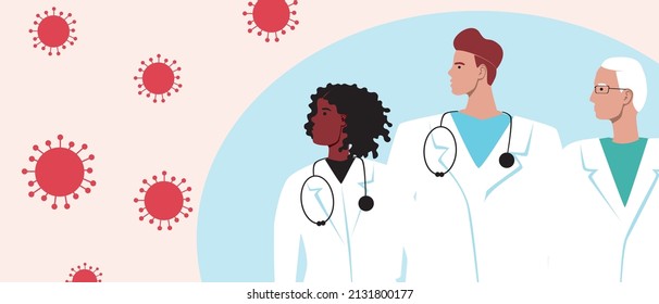 Doctors together and flu or virus. Flat vector stock illustration. Multicultural people, medical professionals. White coats and statoscope