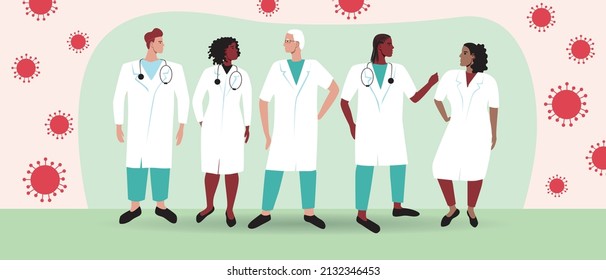 Médicos juntos y virus sars, gripe, covid. Ilustración de material vectorial plano. Tratamiento para el virus. Personas con abrigos blancos