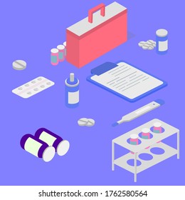 Herramientas del doctor, pastillas y un termómetro. Ilustración, isométrica.