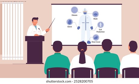 Treinamento de médicos em sessão de treinamento de pessoal médico no hospital para o treinador de EPI de sensibilização para o vírus da pandemia médicos que se reúnem com treinamento para instrumentos de EPI e partes do programa de treinamento de EPI para médicos