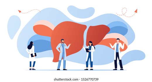 Doctors treat the liver. Liver disease, hepatitis A, B, C, D, cirrhosis, world hepatitis day. For web banners, brochure cover and flyer template. Healthcare, doing medical research concept