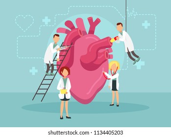 Doctors treat a sick heart. Vector illustration.