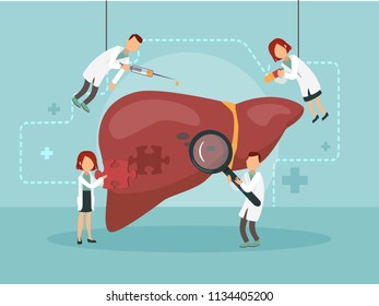 Doctors treat a sick liver. Vector illustration.