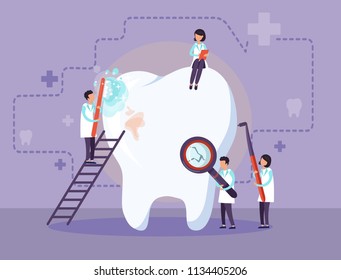 Doctors treat a sick tooth. Vector illustration.
