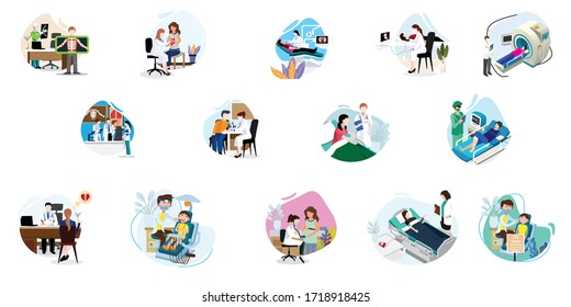 Doctors treat they patients. Medical staff work to heal patients. Doctor for covid19  patients. corona virus disease. Work from home. Flat vector illustration isolated on white background.