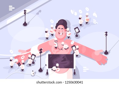 Doctors treating different diseases of patient vector illustration. Small-sized docs examining at huge man with special equipment and tools. Medicine human body flat style concept