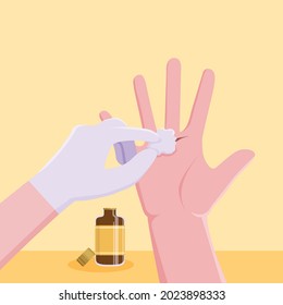 Doctors are treating the wound by wiping alcohol from a knife wound on the palm.
Illustration about wipe alcohol.