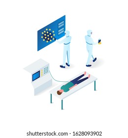 doctors trying to identify a corona virus from a man isometric illustration
