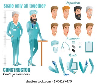 Doctors. Two Men Cartoon Characters for Animation. Different body parts and eight face emotions