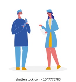 Doctors in Uniform Cartoon Vector Illustration. Surgeon in Face Mask and Gloves. Nurse and Paramedic Characters. Intern, Practitioner. Medicine, Healthcare. Hospital Staff. Woman with Patient Card