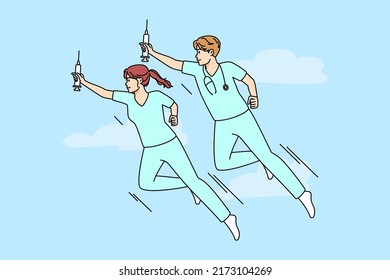 Doctors in uniforms as superheroes flying with syringes to help patient. Medical professionals prevent diseases and pandemic. Healthcare and medicine. Vector illustration. 