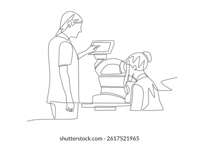 Doctors use ID-FROM to patients. AI-powered health tools concept one-line drawing