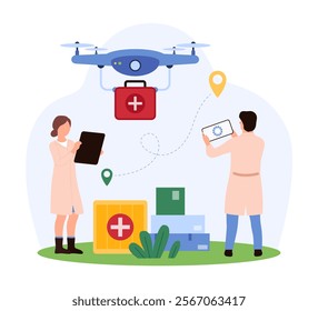 Doctors using a drone to deliver medical supplies, enhancing efficiency and accessibility of healthcare resources in various locations vector illustration.