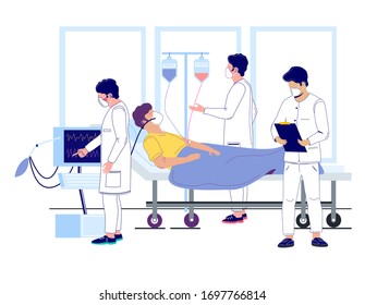 Doctors using IV fluid and ventilator to keep severely-ill coronavirus patient alive, vector flat illustration. ICU room, medical ward, hospital treatment for coronavirus respiratory disease COVID-19.