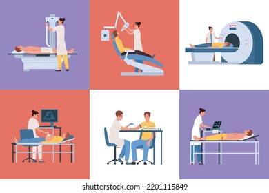 Doctors using various medical equipment to examine patients flat set isolated vector illustration
