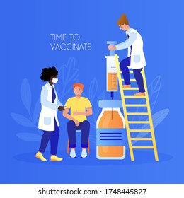 the doctors vaccinate a person against the disease in the clinic. Building immunity by vaccination. Preventative virus protection. Vector trend illustration