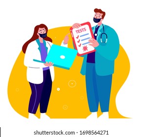 Doctors Virologists in Medical Face Mask Analyse Coronavirus Test Result.Hospital Treatment,Cure.Laboratory Chemist Student Intern. Physician Biologist Expert.Medicinal Examination.Vector Illustration