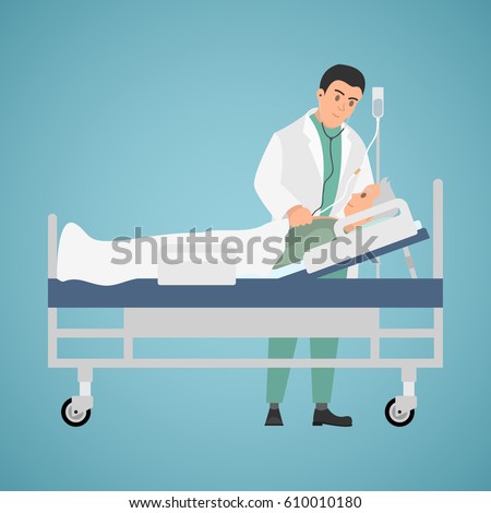 The doctor's visit to the patient. Auscultating elderly men lying in a medical bed.