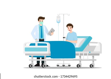 The doctors visit and treating the patient who resting on the bed in the hospital room. Medical Health care concept. Hospital ward set scene. Vector Flat Illustration design