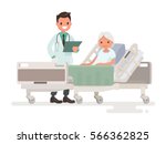 Doctor's visit to the ward of patient  elderly woman lying in a medical bed. Vector illustration in a flat style