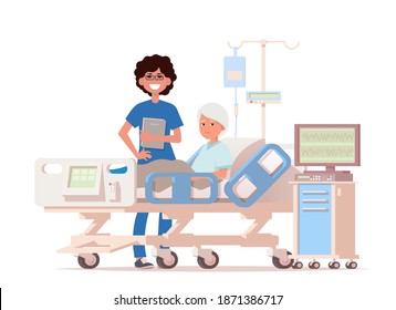Doctor's visit to the ward of patient. Elderly woman and nurse. Vector illustration in a flat style