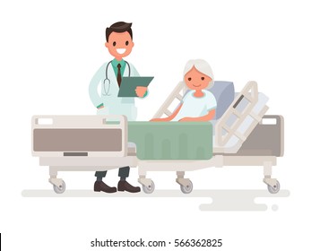 Doctor's visit to the ward of patient  elderly woman lying in a medical bed. Vector illustration in a flat style
