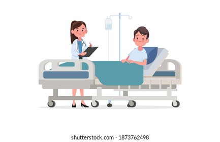 Doctor's visit to the ward of the patient. A sick person is in a medical bed on a drip. Vector illustration in a flat style