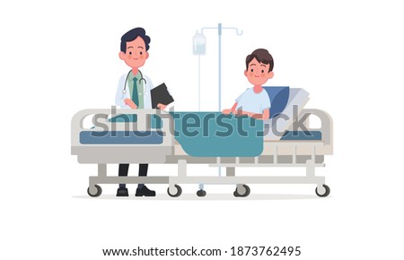 Doctor's visit to the ward of the patient. A sick person is in a medical bed on a drip. Vector illustration in a flat style