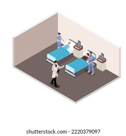 Doctors visiting patients in ward isometric 3d vector illustration concept for banner, website, illustration, landing page, flyer, etc.