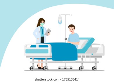 The doctors ware mask visit and treating the patient who resting on the bed in the hospital room. Medical Health care concept. Hospital ward set scene. Vector Flat Illustration design