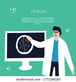 Médicos observando los resultados de la tomografía computarizada. Ilustración médica vectorial dibujada a mano. Plantilla de banner o sitio web