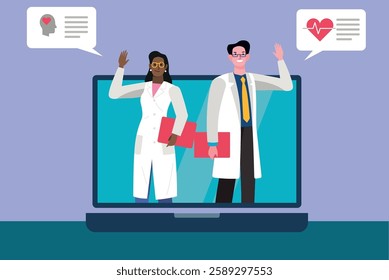 Doctors waving from laptop screen, offering online medical advice on mental and cardio health. vector illustration
