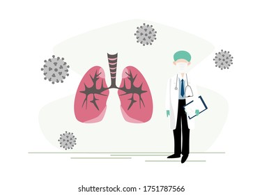 Doctors wear protective masks explain about virus (coronavirus- Covid-19). Professional prevention lung infographics. Pulmonology of human vector illustration. online education. E-learning. 