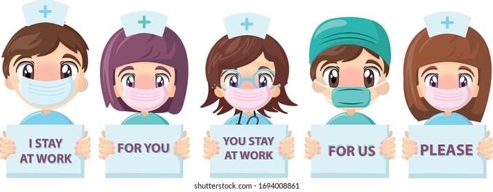 Doctors wear surgical masks, medical mask and suit, holding a paper with the text I stay at work for you you stay at home for us for please control covid-19 c