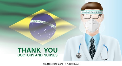 Doctors wear uniform on Brazil flag background. Pandemic covid or coronavirus concept. Vector illustration design.