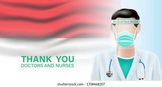 Doctors wear uniform on Indonesia flag background. Pandemic covid or coronavirus concept. Vector illustration design.