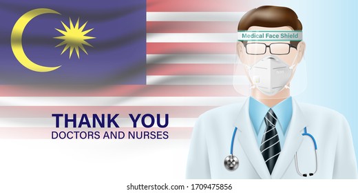 Doctors Wear Uniform On Malaysia Flag Background. Pandemic Covid Or Coronavirus Concept. Vector Illustration Design.