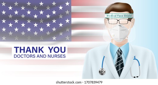 Doctors wear uniform on United state or USA america flag background. Pandemic covid or coronavirus concept. Vector illustration design.