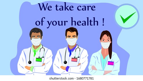 Doctors wearing Face Mask Fight Against Covid-19, Coronavirus Disease, Health Care and Safety, Vector illustration