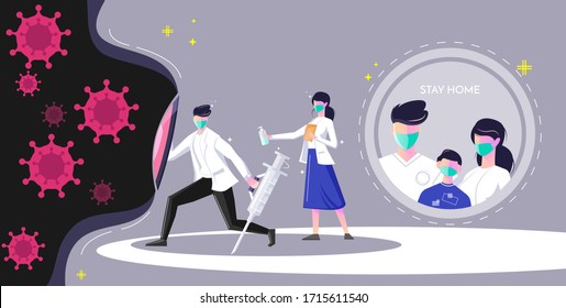 Doctors wearing face mask fight against covid-19 and people stay home for safe modern flat vector background. vector illustration