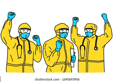 Doctors, wearing hazmat suit or protection suit,  raising fists in the air in concept of fighting against Coronavirus or Covid-19.  Outline, linear, thin line art, hand drawn sketch design.